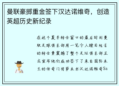 曼联豪掷重金签下汉达诺维奇，创造英超历史新纪录
